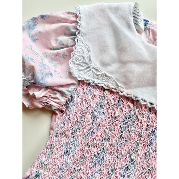 Vintage POLLY FLINDERS Pink Floral Polycotton Smocked Fit & Flare Dress, Size 7 - Picture 4 of 9